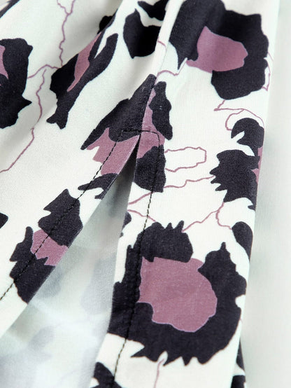 Leopard Print Color Block T-Shirt Maxi Dress with Side Slits