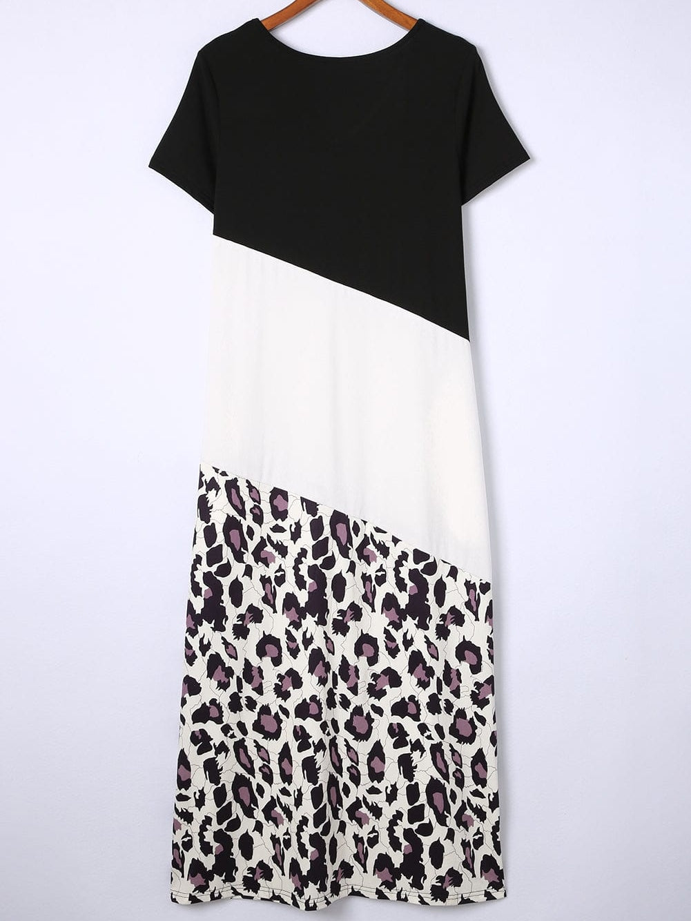 Leopard Print Color Block T-Shirt Maxi Dress with Side Slits