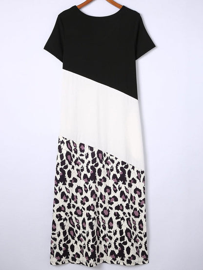 Leopard Print Color Block T-Shirt Maxi Dress with Side Slits