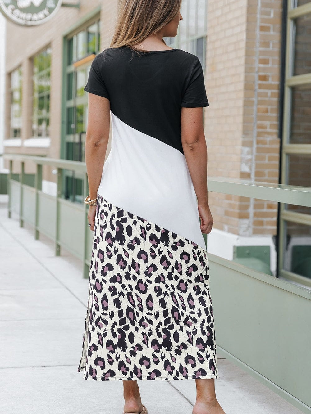 Leopard Print Color Block T-Shirt Maxi Dress with Side Slits