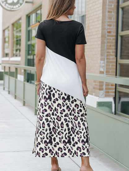 Leopard Print Color Block T-Shirt Maxi Dress with Side Slits