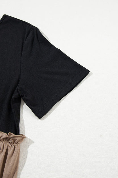 Leopard Print Colorblock Frill Trim A-Line T-shirt Dress - Light French Beige