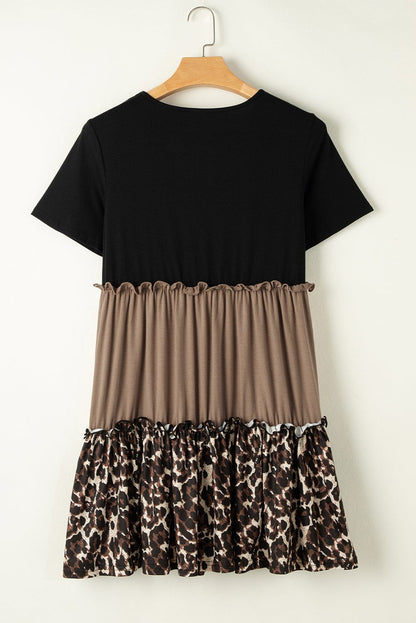 Leopard Print Colorblock Frill Trim A-Line T-shirt Dress - Light French Beige