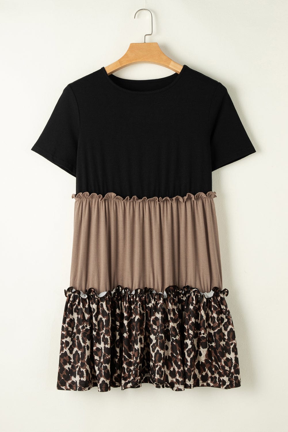 Leopard Print Colorblock Frill Trim A-Line T-shirt Dress - Light French Beige