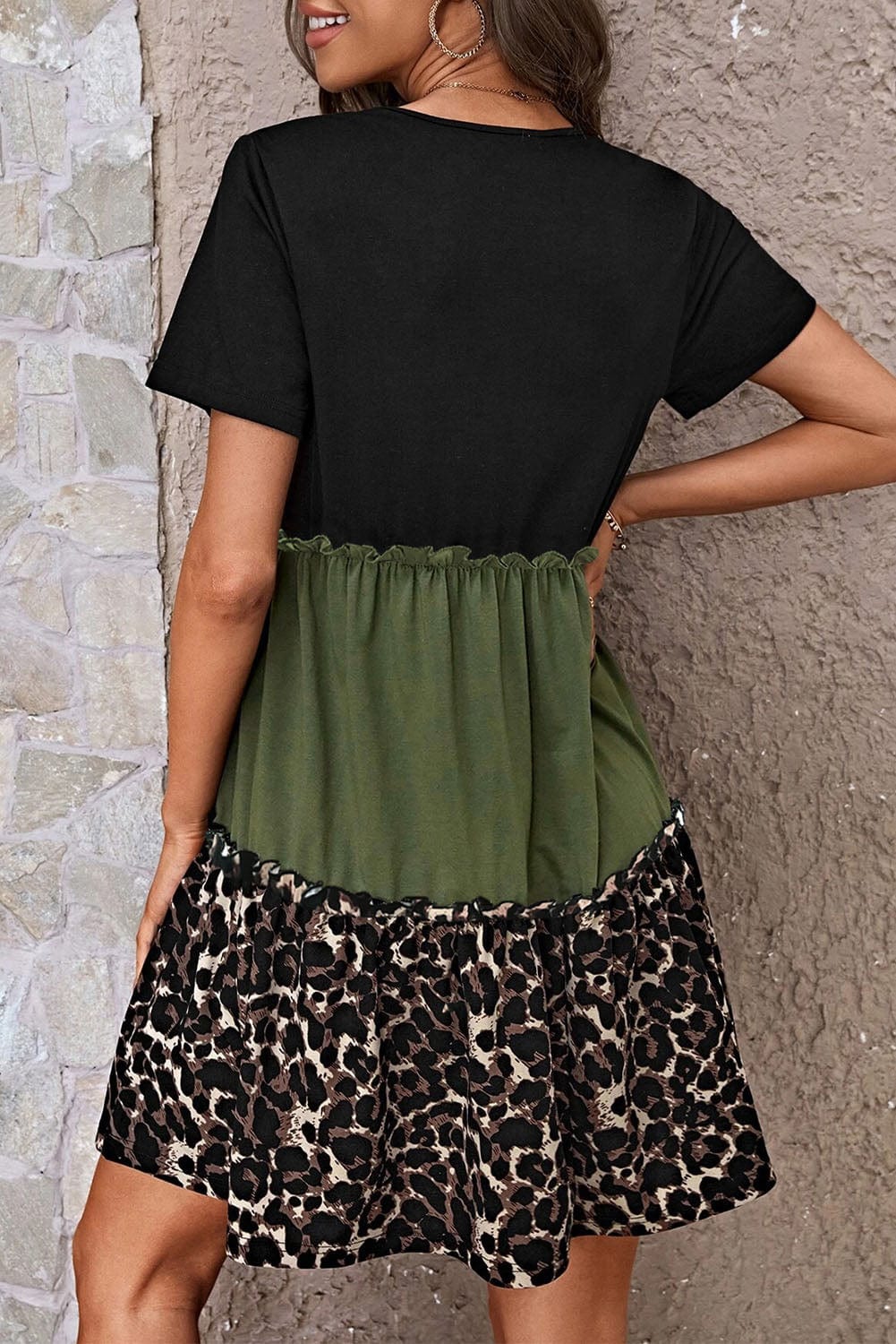 Leopard Print Colorblock Frill Trim T-shirt Dress in Jungle Green