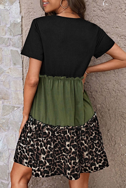 Leopard Print Colorblock Frill Trim T-shirt Dress in Jungle Green