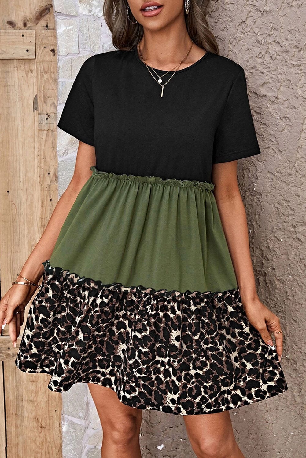 Leopard Print Colorblock Frill Trim T-shirt Dress in Jungle Green