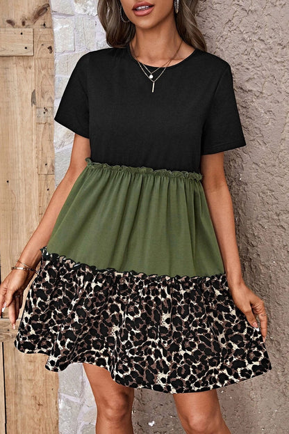 Leopard Print Colorblock Frill Trim T-shirt Dress in Jungle Green