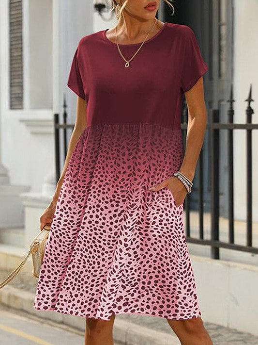 Leopard Print Gradient Dress with Slimming Waist and Short Sleeves