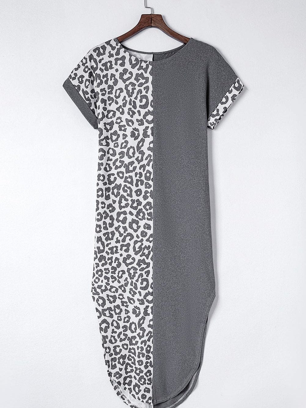 Leopard Print Gray T-shirt Dress with Side Slits