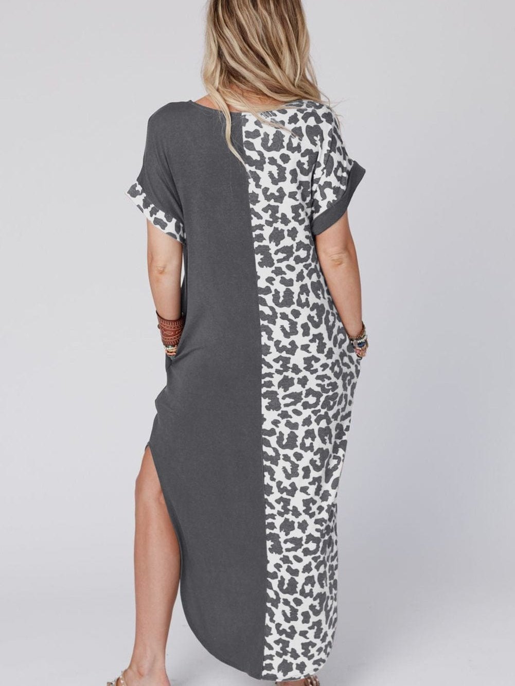 Leopard Print Gray T-shirt Dress with Side Slits