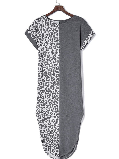 Leopard Print Gray T-shirt Dress with Side Slits