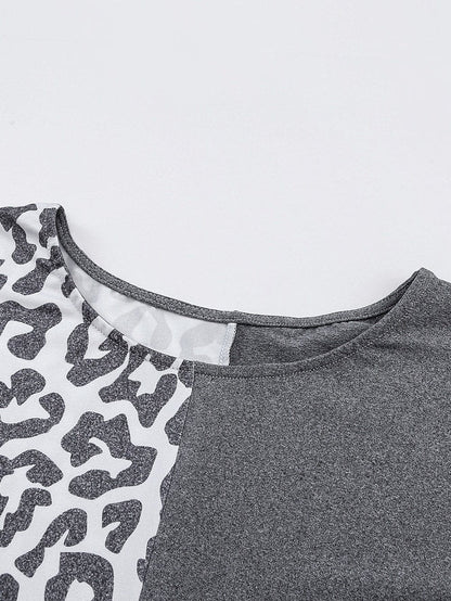 Leopard Print Gray T-shirt Dress with Side Slits