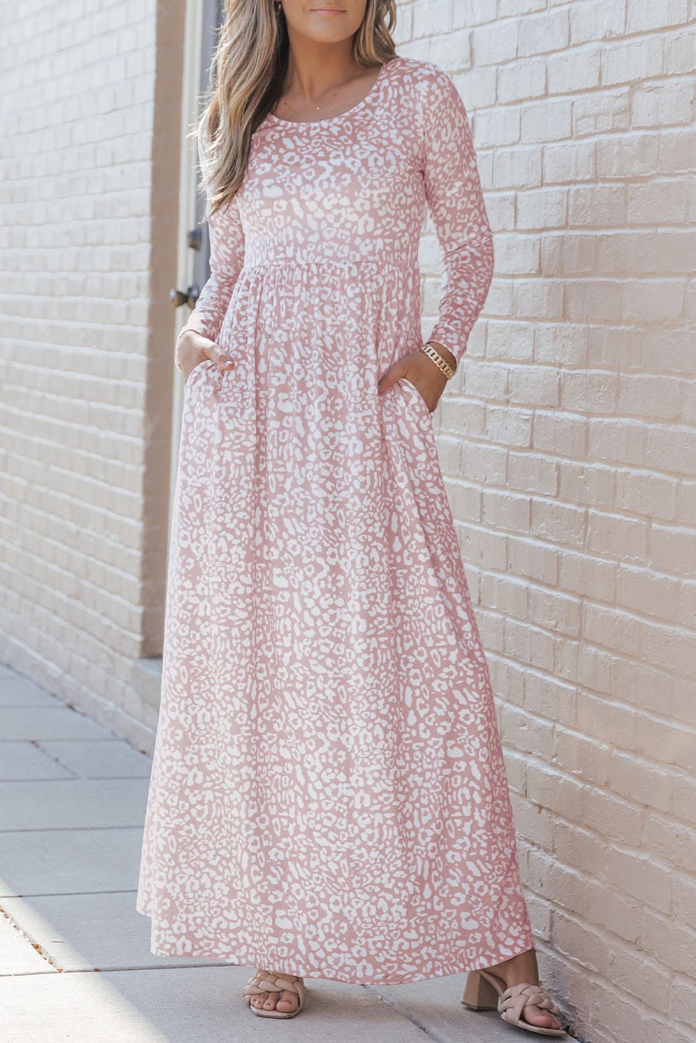 Leopard Print High Waist Maxi Dress with Long Sleeves and Pockets