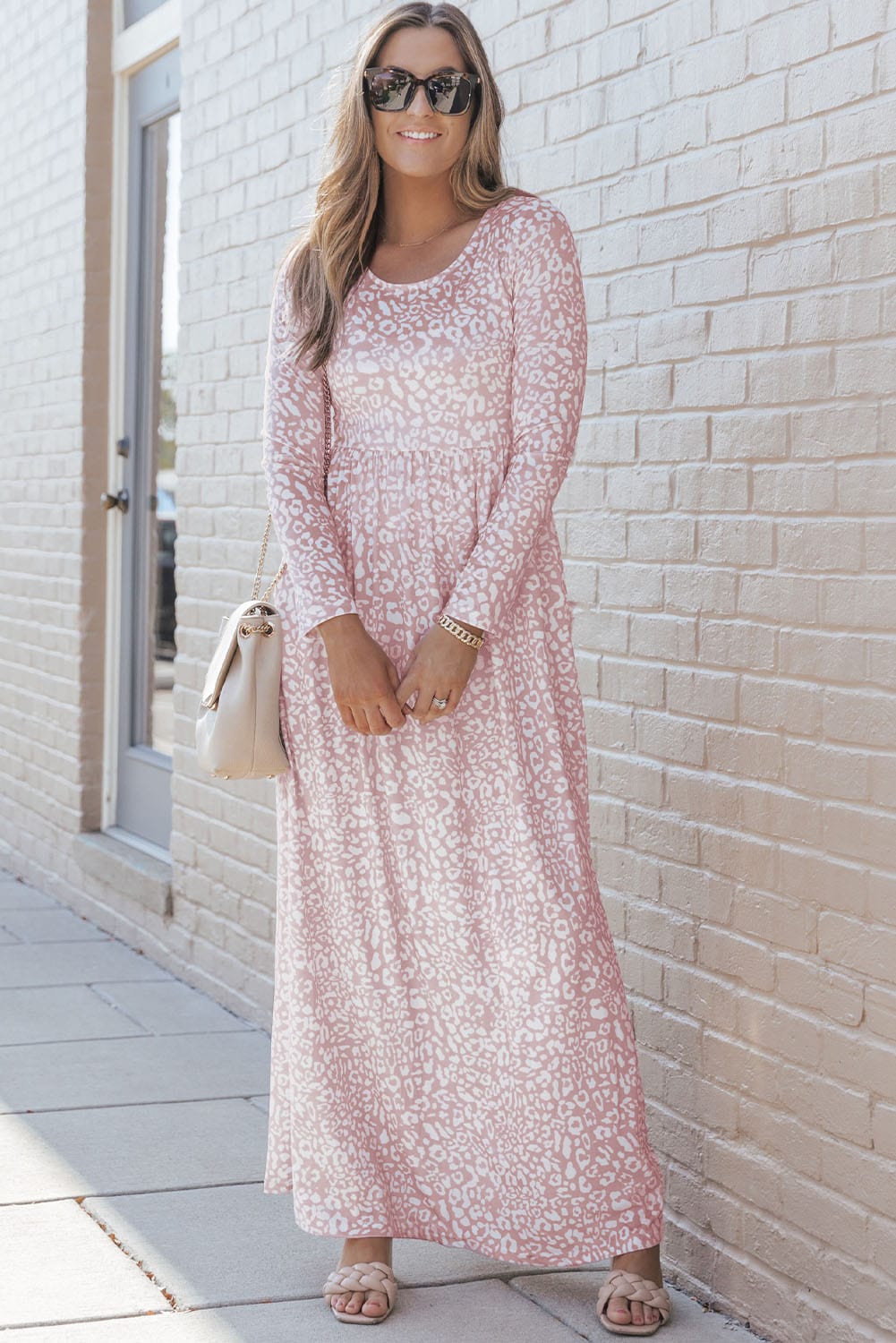 Leopard Print High Waist Maxi Dress with Long Sleeves and Pockets