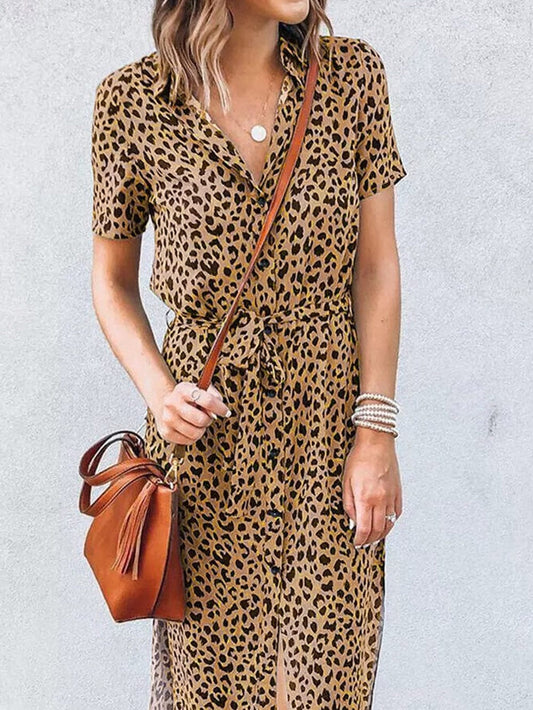 Leopard Print Khaki Midi Dress with Turn-Down Collar