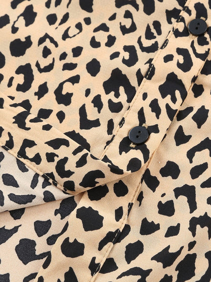 Leopard Print Khaki Midi Dress with Turn-Down Collar