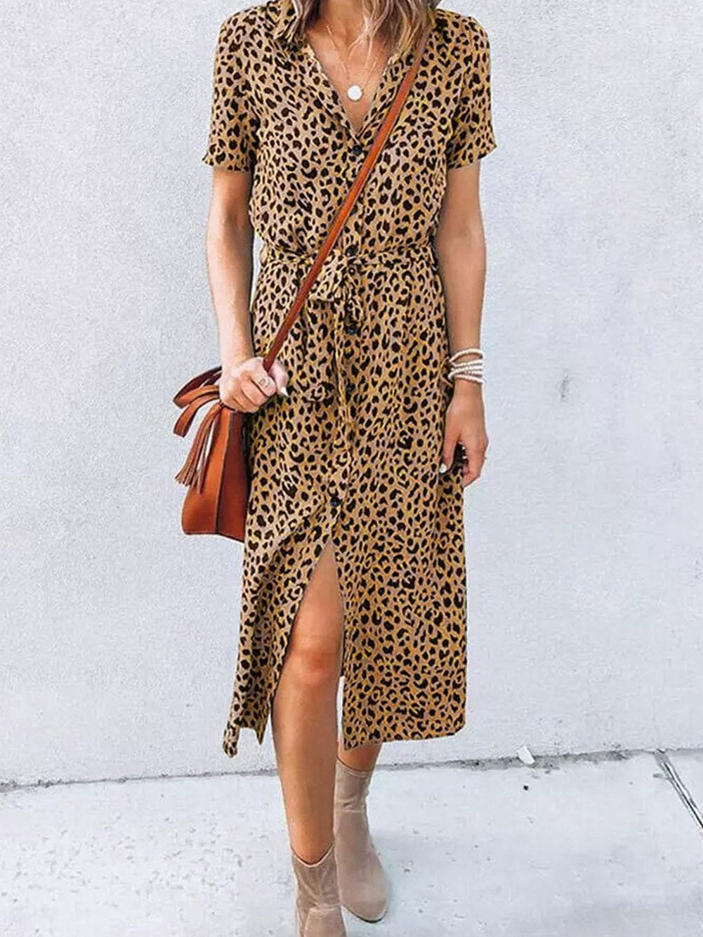 Leopard Print Khaki Midi Dress with Turn-Down Collar