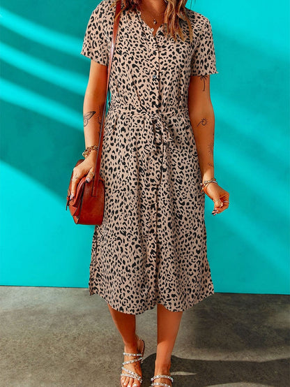 Leopard Print Khaki Midi Dress with Turn-Down Collar