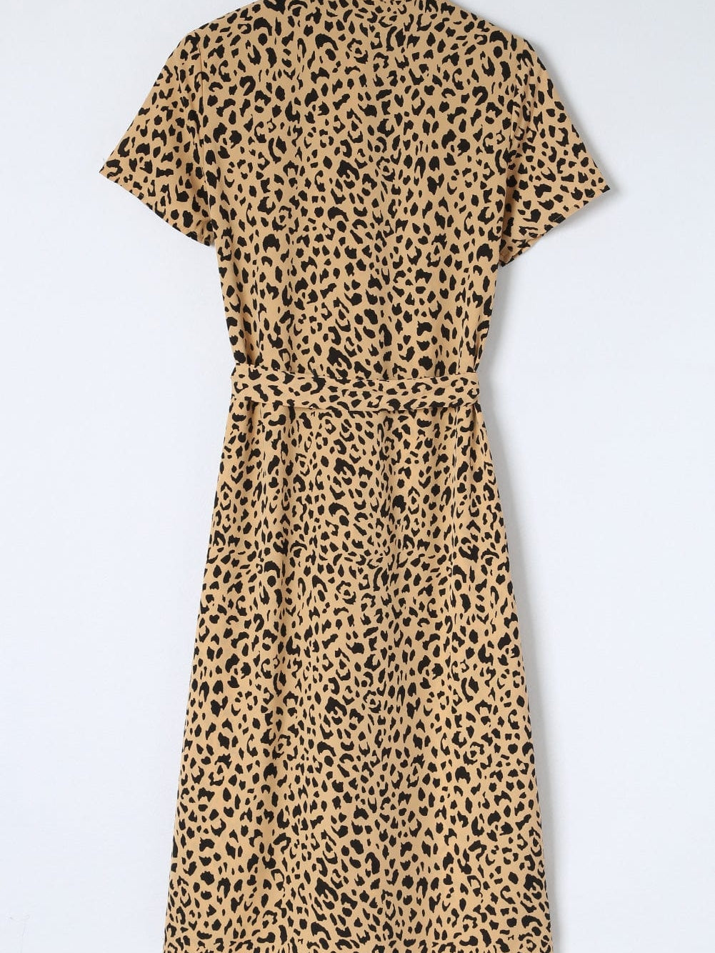 Leopard Print Khaki Midi Dress with Turn-Down Collar