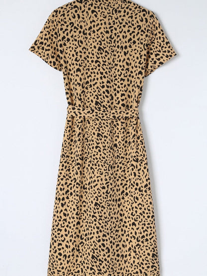 Leopard Print Khaki Midi Dress with Turn-Down Collar