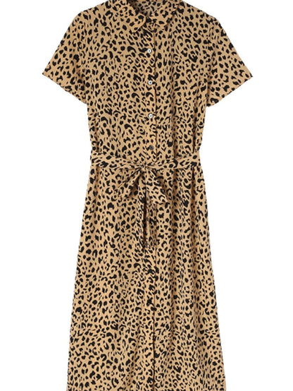 Leopard Print Khaki Midi Dress with Turn-Down Collar