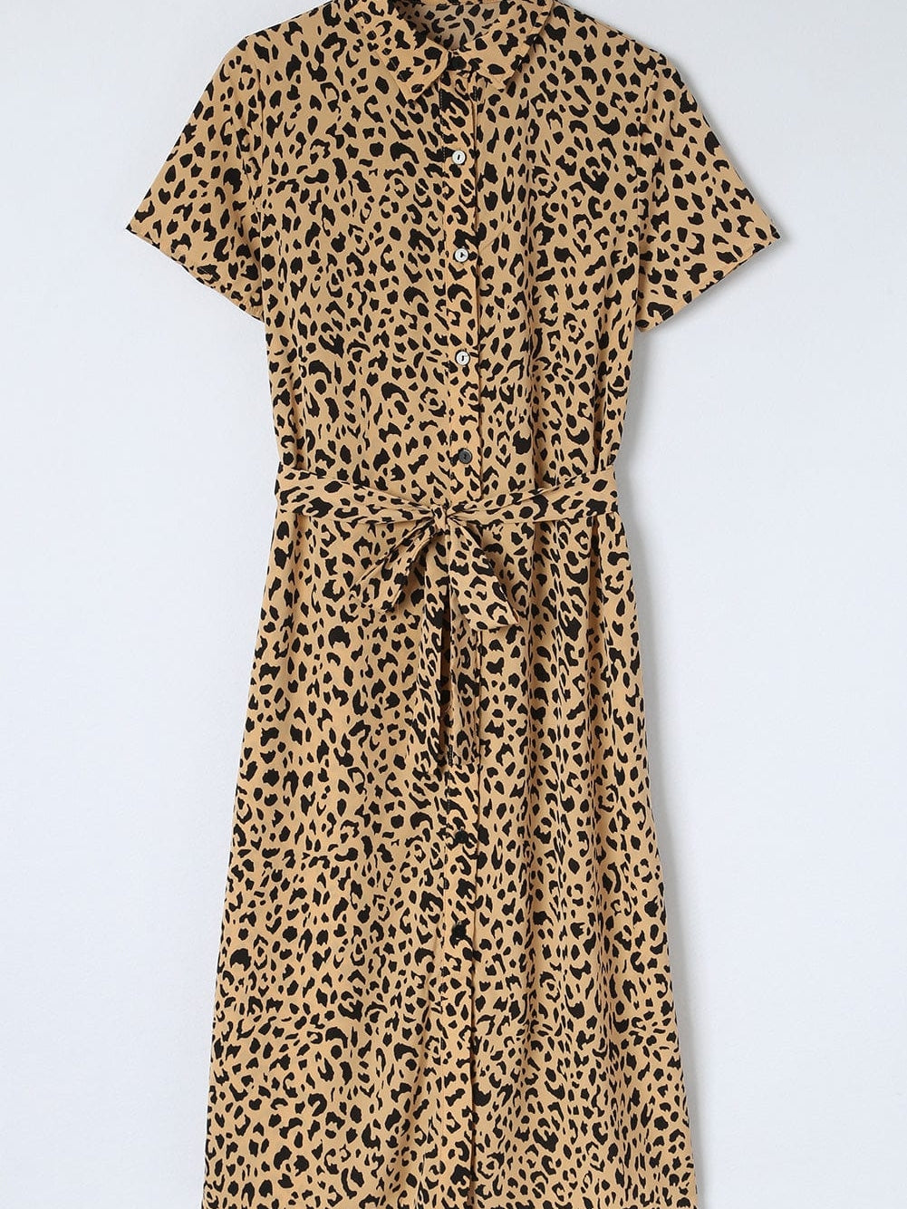Leopard Print Khaki Midi Dress with Turn-Down Collar