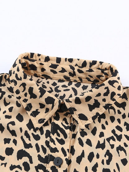 Leopard Print Khaki Midi Dress with Turn-Down Collar