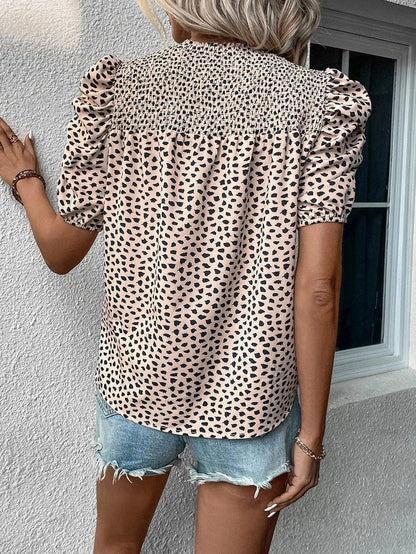 Leopard Print Khaki Puff Sleeve Round Neck Blouse