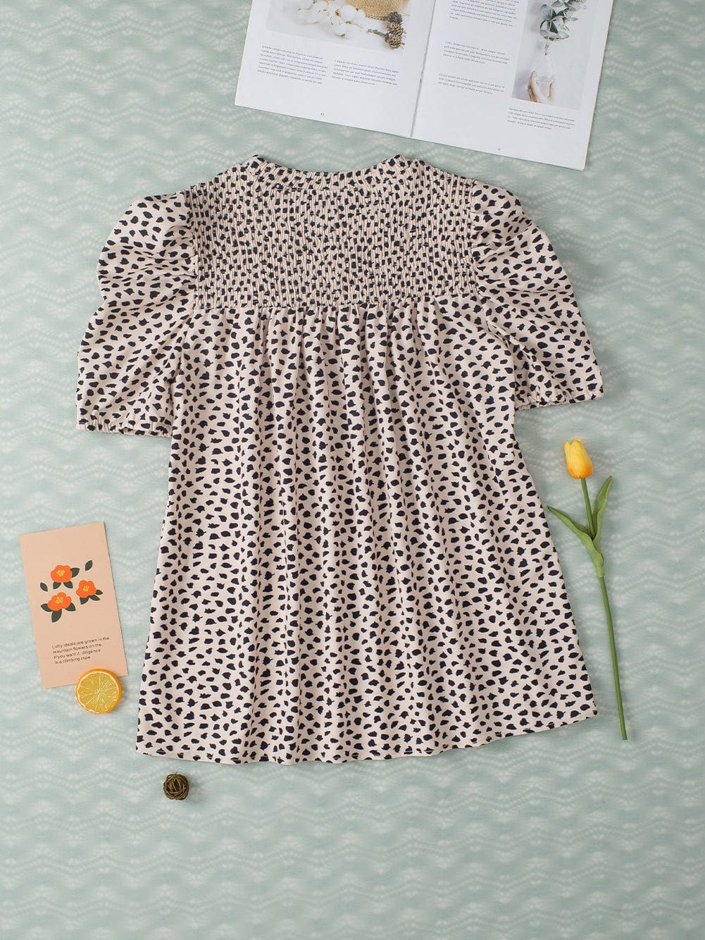 Leopard Print Khaki Puff Sleeve Round Neck Blouse