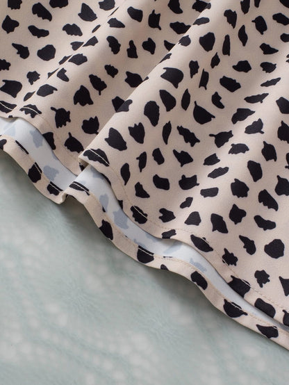 Leopard Print Khaki Puff Sleeve Round Neck Blouse