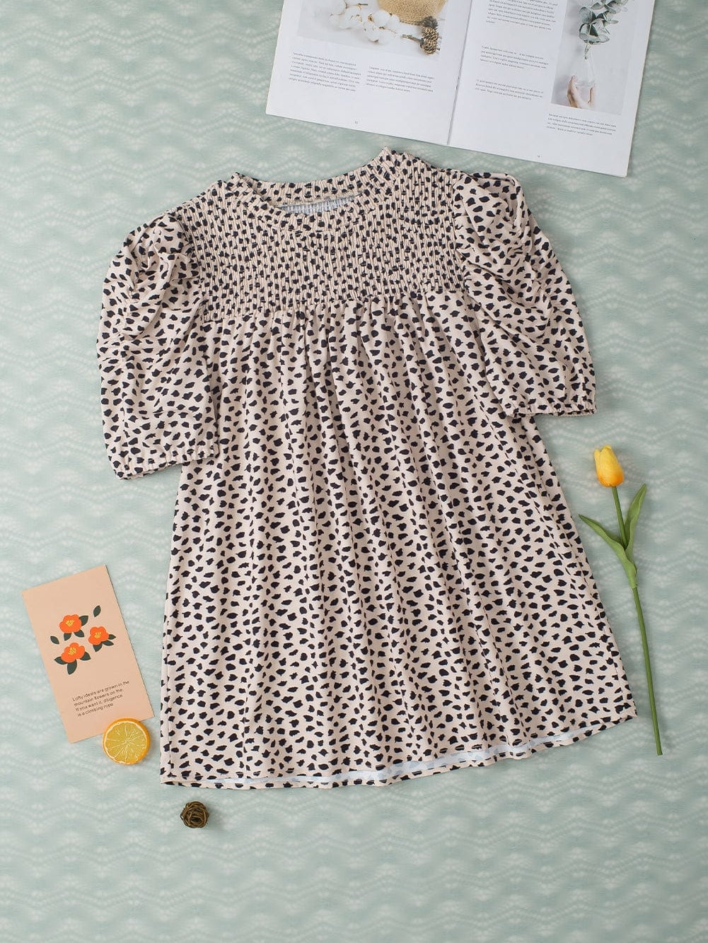 Leopard Print Khaki Puff Sleeve Round Neck Blouse