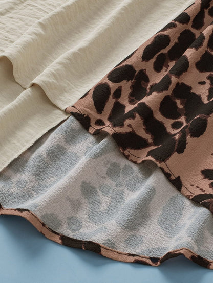 Leopard Print Khaki Spaghetti Strap Tank Top with Color Block Patchwork