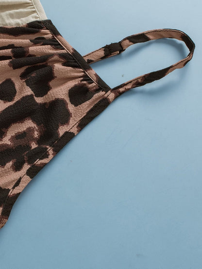 Leopard Print Khaki Spaghetti Strap Tank Top with Color Block Patchwork