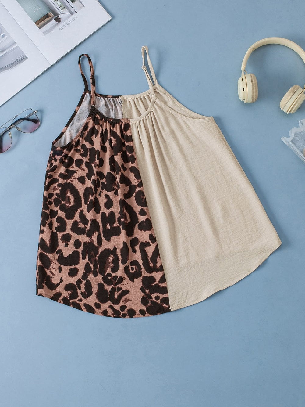 Leopard Print Khaki Spaghetti Strap Tank Top with Color Block Patchwork