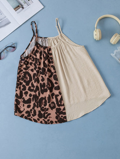 Leopard Print Khaki Spaghetti Strap Tank Top with Color Block Patchwork