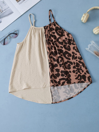 Leopard Print Khaki Spaghetti Strap Tank Top with Color Block Patchwork