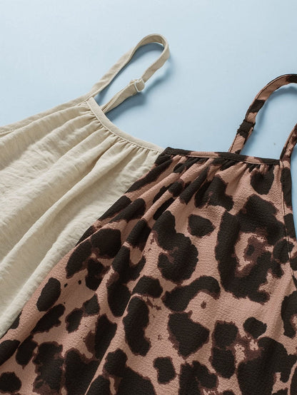 Leopard Print Khaki Spaghetti Strap Tank Top with Color Block Patchwork