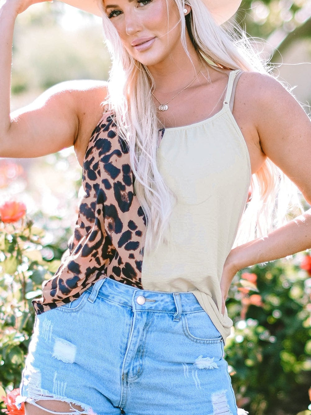 Leopard Print Khaki Spaghetti Strap Tank Top with Color Block Patchwork