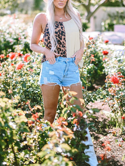 Leopard Print Khaki Spaghetti Strap Tank Top with Color Block Patchwork