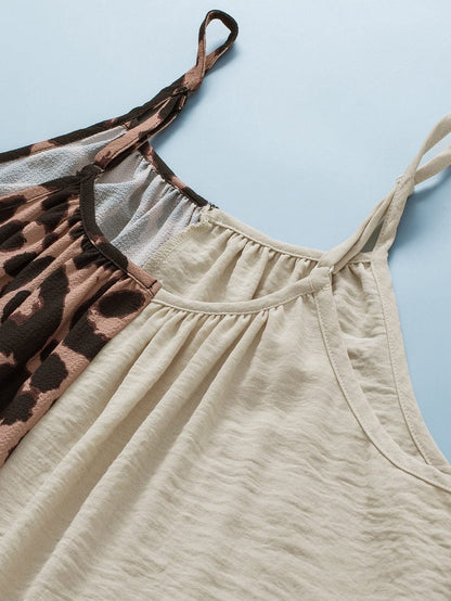 Leopard Print Khaki Spaghetti Strap Tank Top with Color Block Patchwork