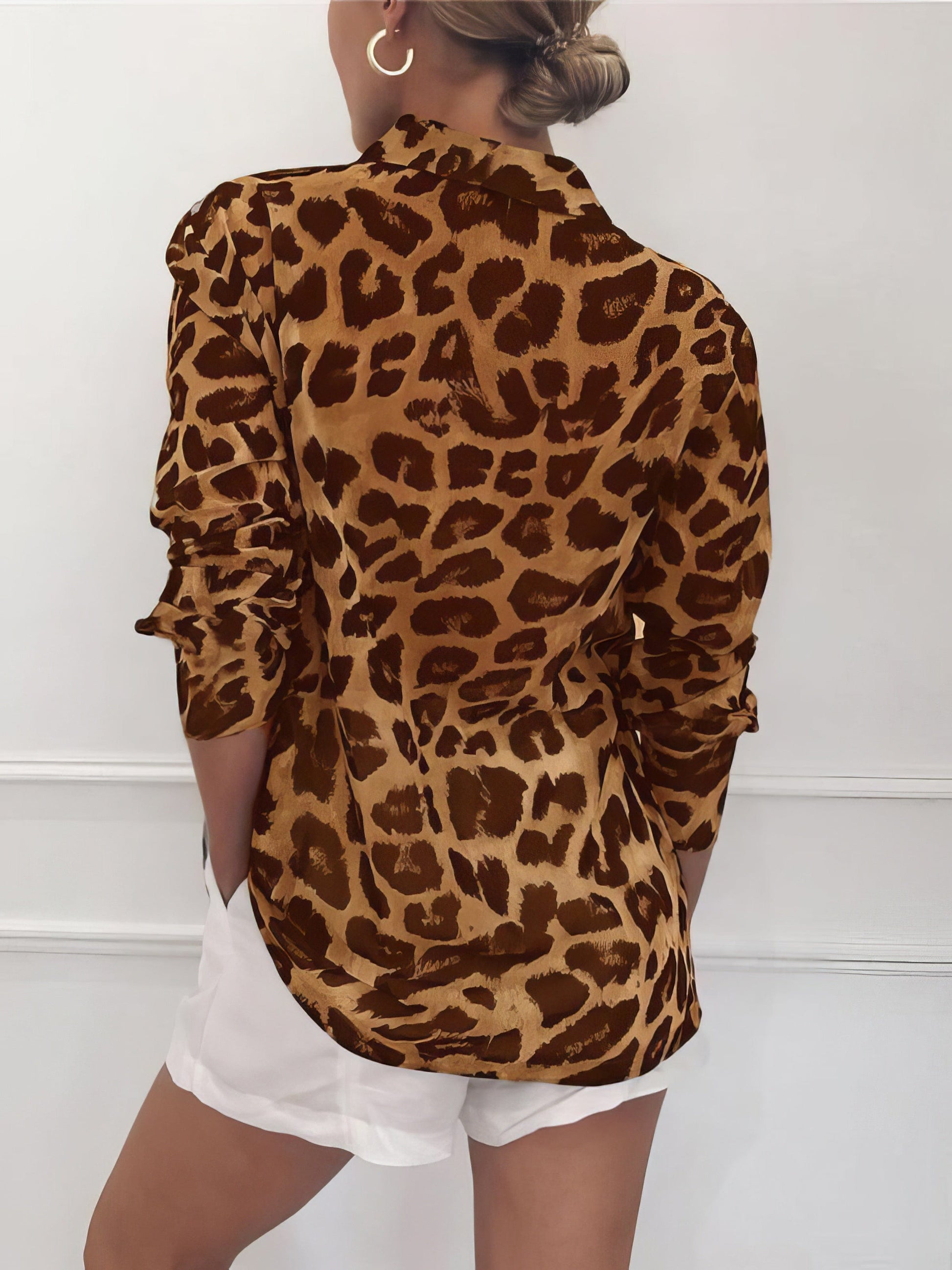 Leopard Print Lapel Button Long Sleeve Blouse