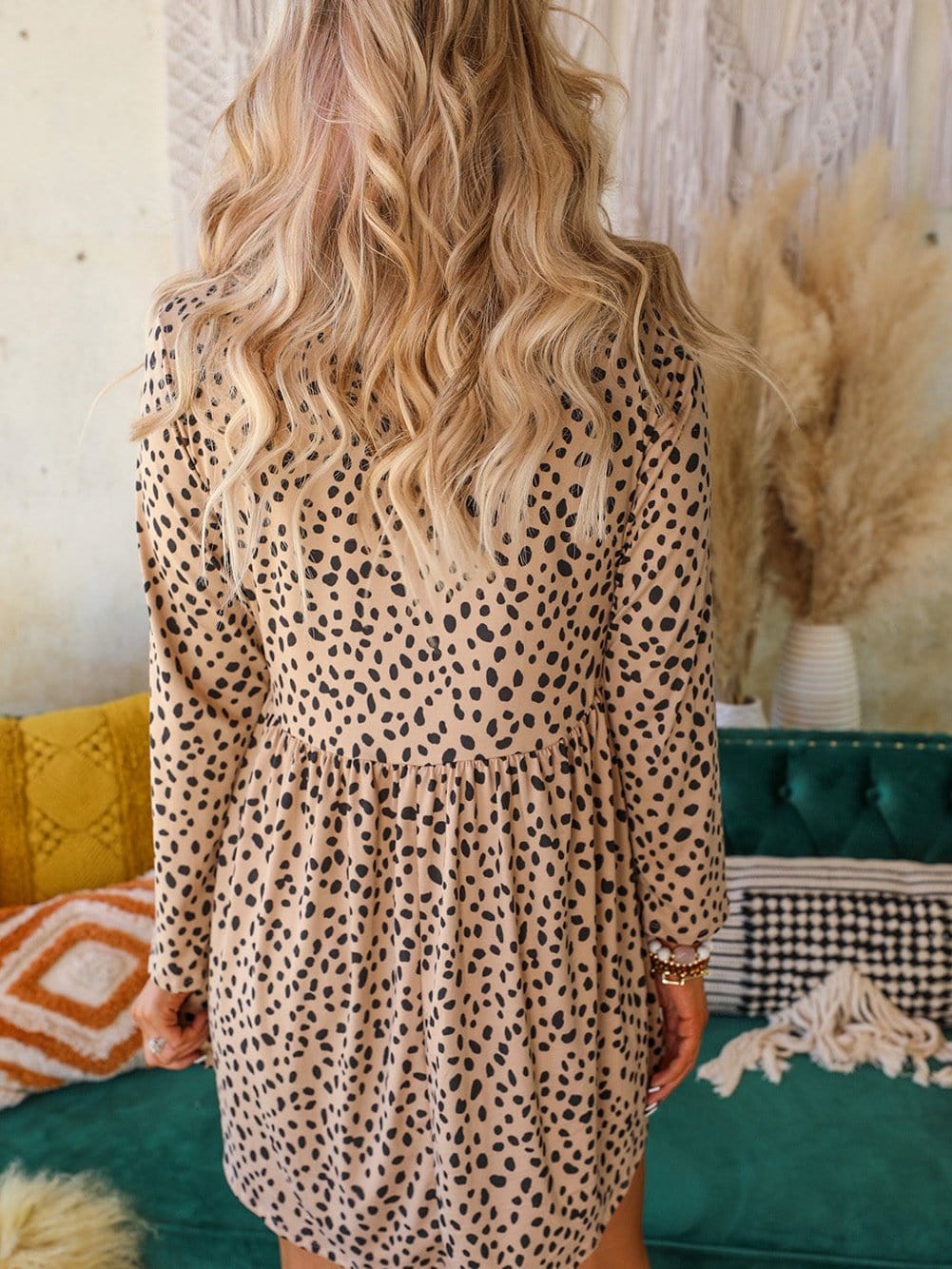Leopard Print Long Sleeve Mini Babydoll Dress