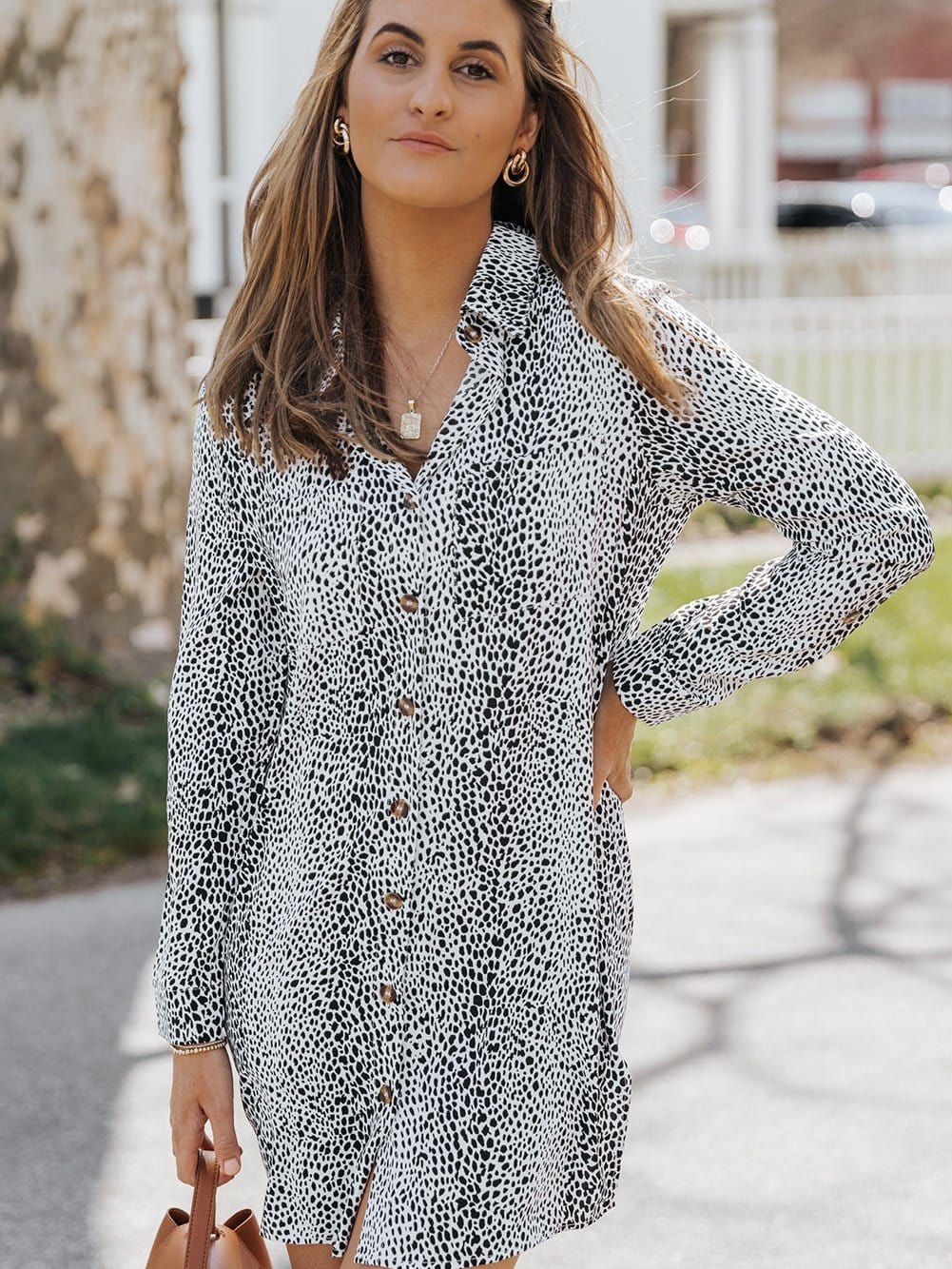 Leopard Print Long Sleeve Shirt Dress with Versatile Styling
