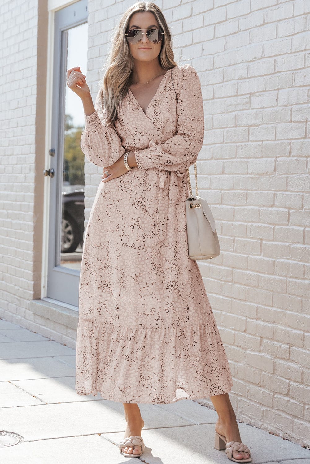Leopard Print Maxi Dress with Bubble Sleeves and Waist Tie
