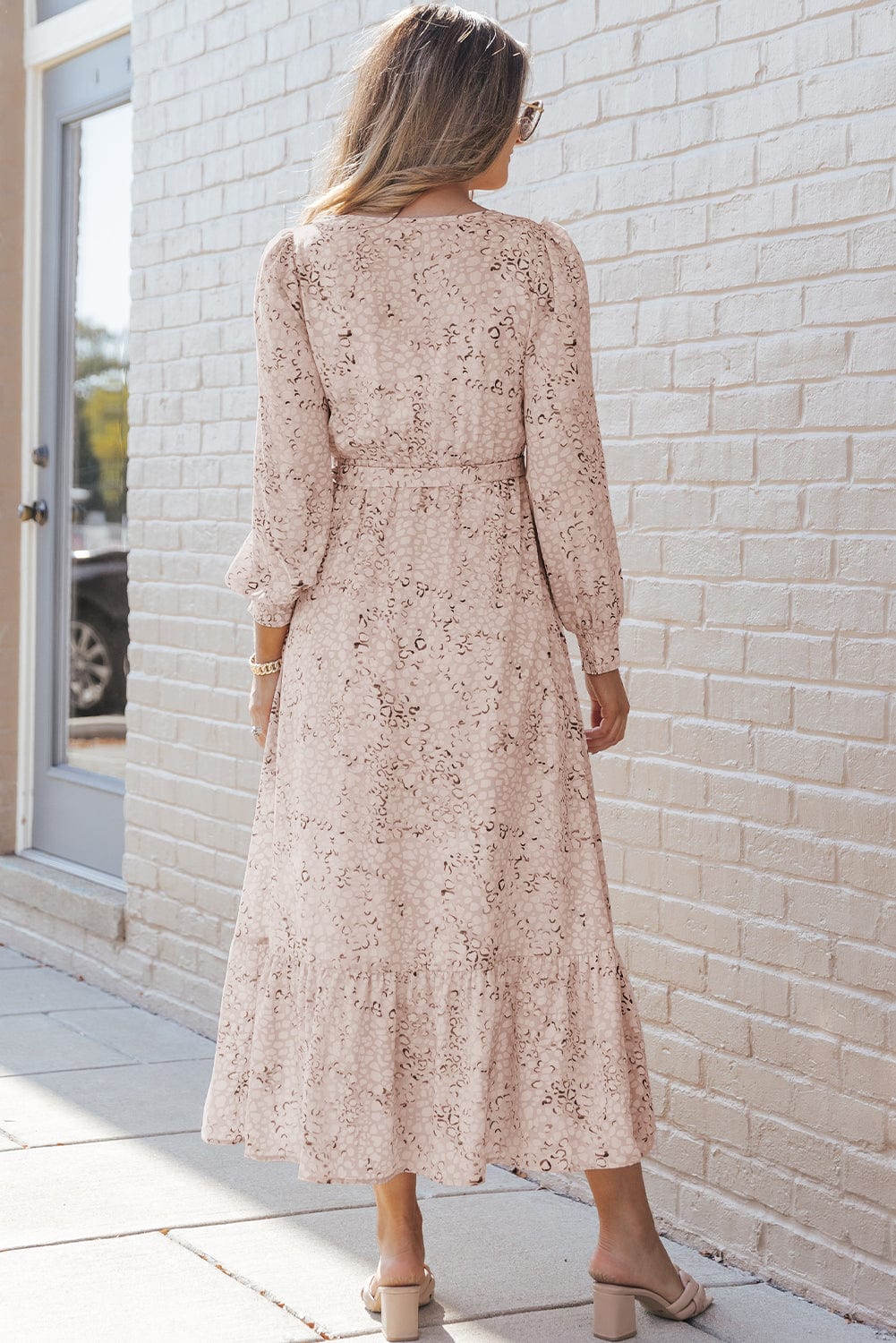 Leopard Print Maxi Dress with Bubble Sleeves and Waist Tie