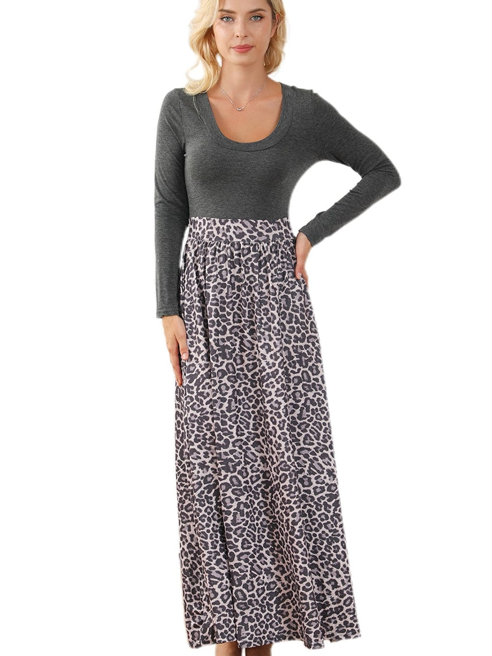 Leopard Print Maxi Dress with Fitted Bodice and Long Sleeves