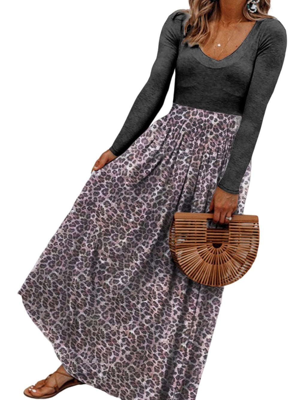 Leopard Print Maxi Dress with Fitted Bodice and Long Sleeves