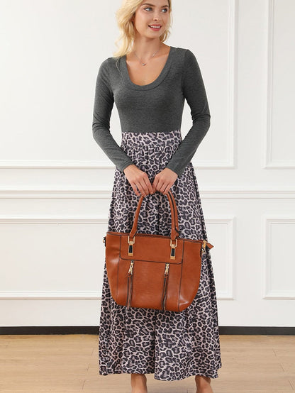 Leopard Print Maxi Dress with Fitted Bodice and Long Sleeves