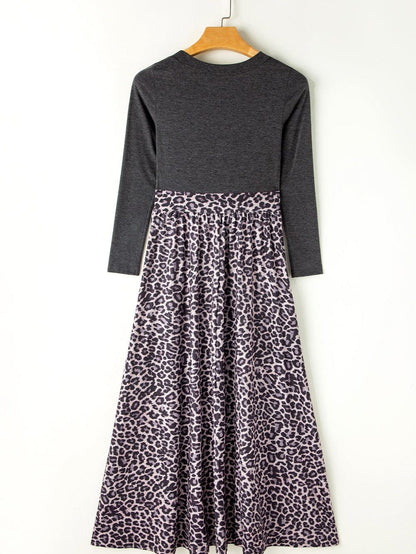 Leopard Print Maxi Dress with Fitted Bodice and Long Sleeves